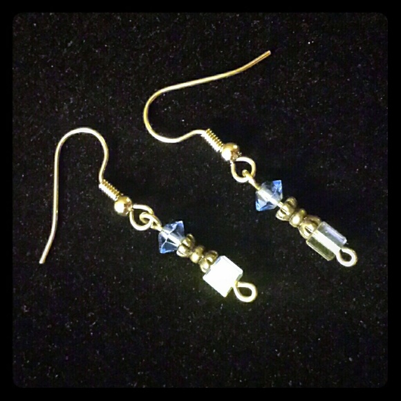 Sea Blue Crystals with Crystal Squares in Silver Earrings Handmade - Picture 1 of 2